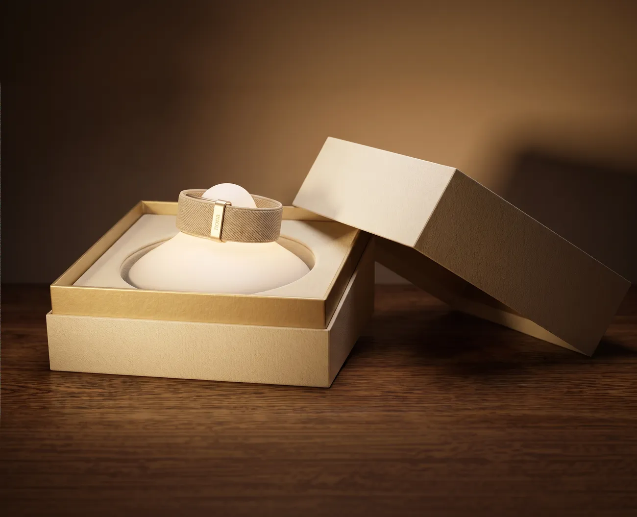 Nona Air Wearable in its box, resting on the charging dock