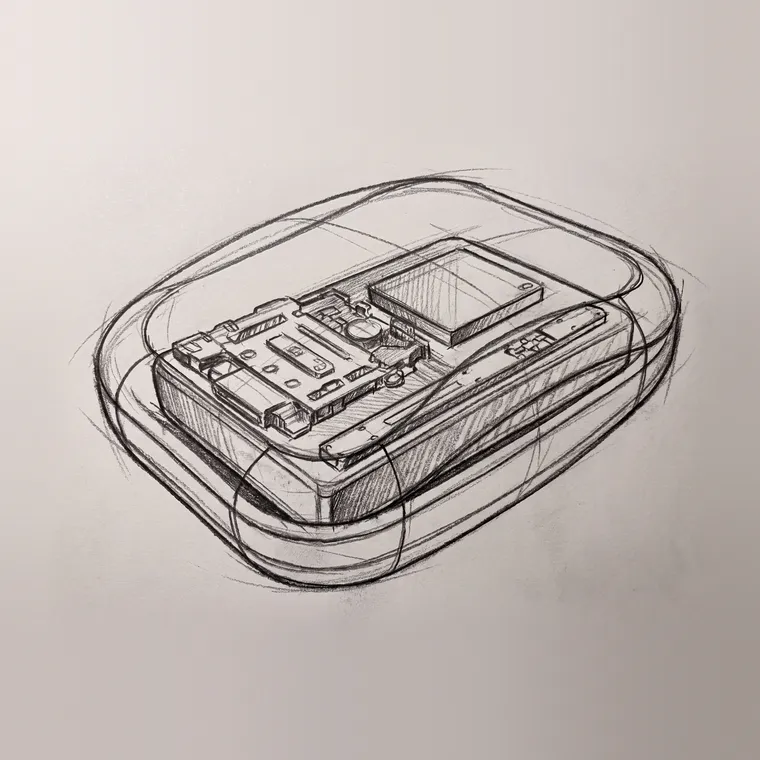 A pencil sketch of the Nona wearable’s internals inside its rounded case
